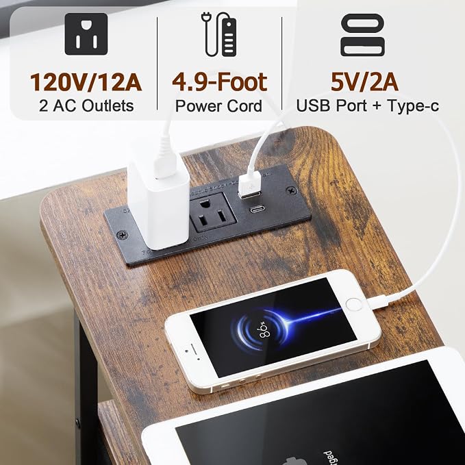 Narrow End Table with Charging Station, Small Nightstand | Skinny Side Tables Living Room with 2 Fabric Drawers, Bedside Table with LED Lights for Bedroom, Small Spaces, Rustic Brown