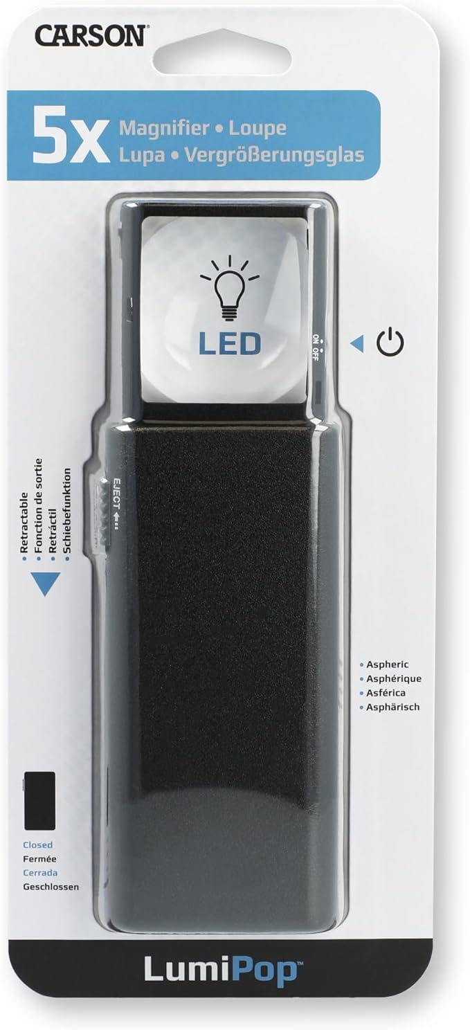 Carson LumiPop 5x Power LED Lighted Slide-Out Aspheric Magnifier (LP-66) , Black | LED Lighted Slide-Out Aspheric Magnifier - Slide-Out Magnifier with a Protective Snap-Out Plastic Case (LP-66)