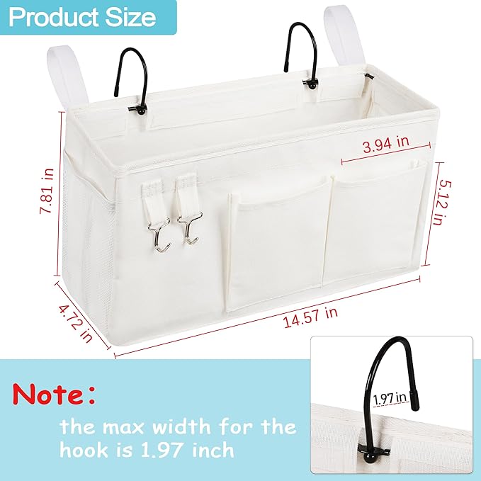 Bedside Caddy, Bedside Storage Bag Hanging Organizer for Bunk Dorm Bed Rail | Bed Caddy with Hooks, Top Bunks and Dorm Essentials for Water, Tissues, Tablets, Books, Phones, Remotes and Other Necessories