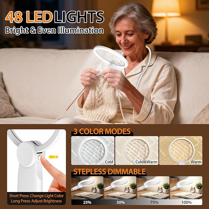 Hands-Free Magnifying Glass with Light, 5X Neck Magnifier for Close Work, Reading Small Print, Cross Stitch, Sewing & Crafts, Rechargeable Lighted Magnifier, Vision Aid for Seniors & Low Vision