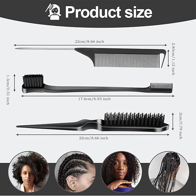 SWEET VIEW 3Pcs Slick Back Hair Brush | Rat Tail Comb, Edge | Bristle Brush, Sleek Ponytail/Bun Smoothing Baby Hair & Flyaways