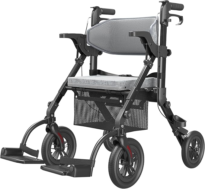 VOCIC Rollator-Walkers-for-Seniors-with-Seat, Walker Wheelchair Combo, Transport-Wheelchair-Lightweight-Foldable, Adult Walkers All Terrain, 2 in 1 Rolling Walker Chair with Brakes & Pouch