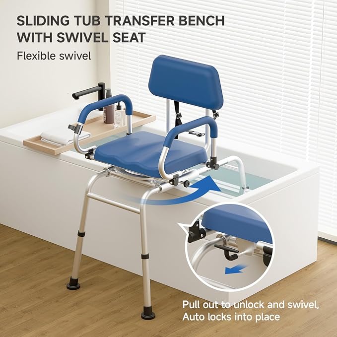 Sliding Shower Chair Tub Transfer Bench with Swivel Seat, Premium Padded Seat and Backrest, Pivoting Arms, Height Adjustable for Tubs, Inside Shower, for Handicap & Seniors，350 Lbs