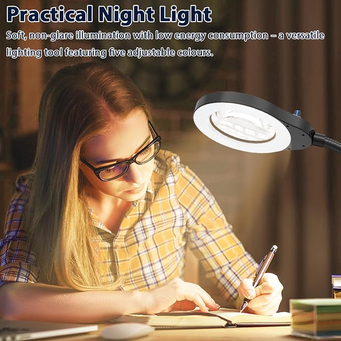 15X Magnifying Glass with Light and Stand, 5 Color Modes Stepless Dimmable LED Lighted Desk Lamp, 84 LED Magnifying Lamp Hands Free Flexible Gooseneck Magnifier for Repair Crafts Hobby Sewing
