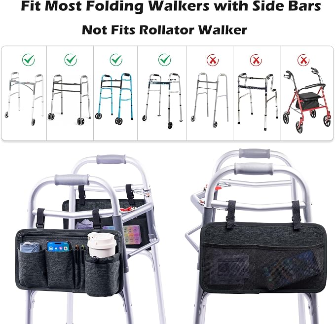 BAGSFY 2-Pack Walker Side Bag, Universal Walker Accessories with Cup Holder, Waterproof Folding Walker Organizer Caddy Pouch for Most Walkers with Side Bars, Double-Sided Storage for Seniors & Elderly