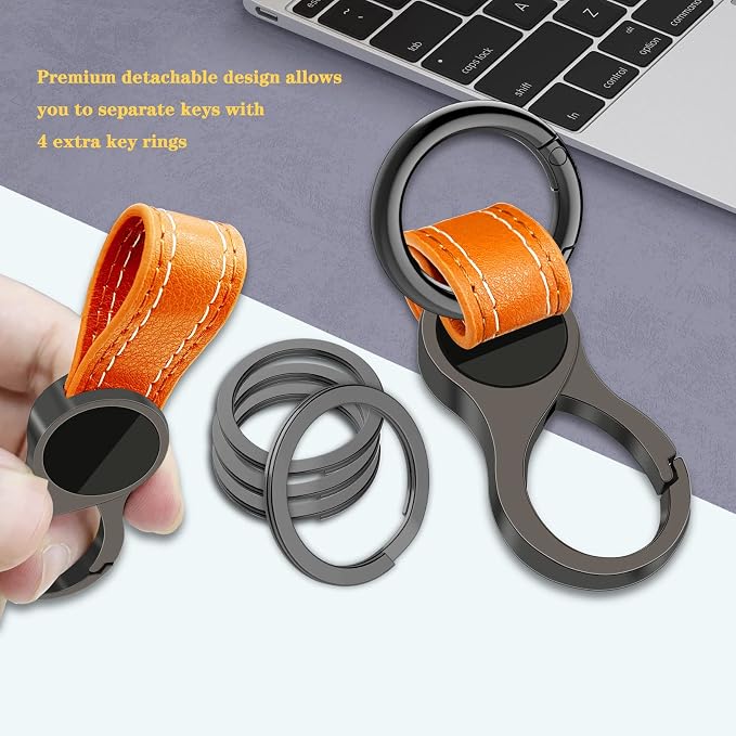 Idakekiy Key Chain with 4 Key Rings and Quick Release Carabiner Clip Leather Car Keychain for Men and Women