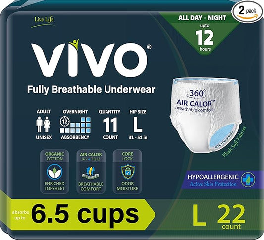 VIVO Organic Cotton Sensitive Skin Overnight Adult Incontinence Pullup Underwear, Women & Men, Large 22 Count