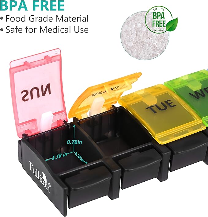 Fullicon Weekly Pill Box Organizer, 7 Day Tablet Boxes for Vitamins and Supplements, Easy to Open Large Medicine Box, Portable Push Button Arthritis Friendly Medication Organizer for Travel