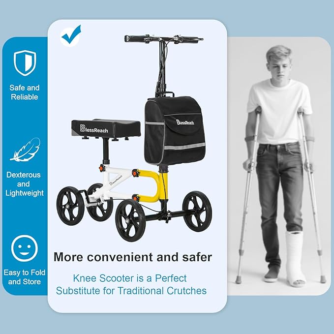 Economy Knee Scooter Steerable Knee Walker for Foot Injuries Compact Crutch Alternative with Dual Braking System (Yellow)