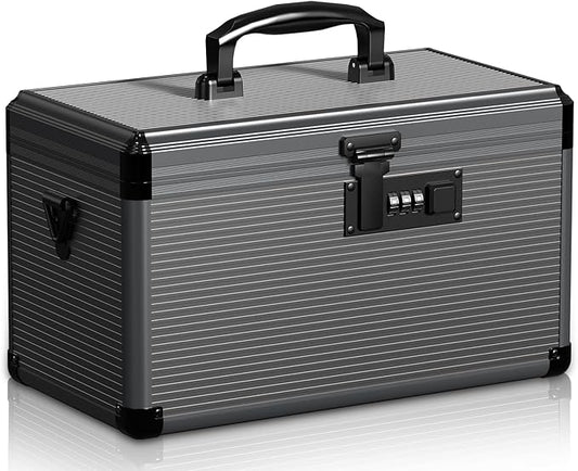 Medicine Lock Box with Code, Locking Medicine Box with Removable Tray & Pocket Bag, Portable First Aid Box for Home, 14 * 8.85 * 7.5 Inch (Black)