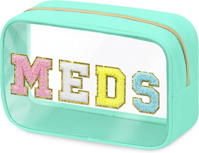 BuyCard Clear Meds Chenille Letter Bag, PVC Makeup Bag, Portable Preppy Patch Makeup Bag with Zipper, Cosmetic Toiletry Travel Storage Medicine Bag for Women Girls, Green