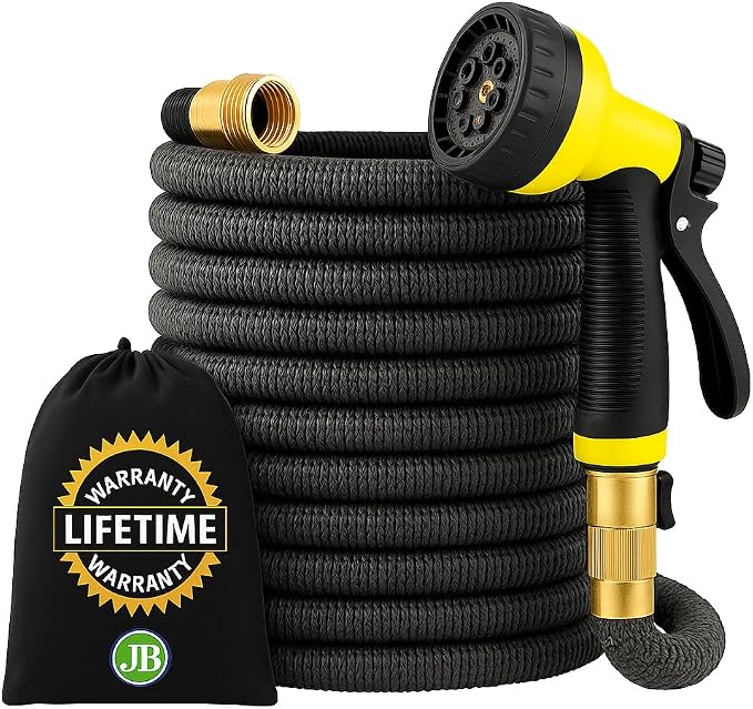 J&B XpandaHose 100ft Expandable Garden Hose, Lightweight, Brass Connectors | Ultra Strong 3750D fabric, 4-layer latex core, expands 3X, kink & leak-resistant, 10-pattern nozzle, storage bag