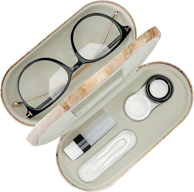 Muf 2 in 1 Contact Lens Case and Glasses Case, Double Sided Design with Mirror, Portable Travel Kit with Tweezer, Remover and Solution Bottle, Red Marble