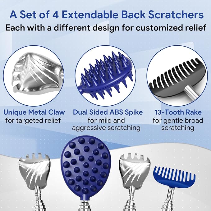 Gumry Telescoping Back Scratcher, 5 Detachable Heads, Gift for Men Blue