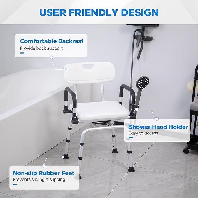Swivel Shower Chair for Inside Bathing, Rotating Seat Medical Bath Chair With Backrest Pivoting Arms for Elderly and Disabled