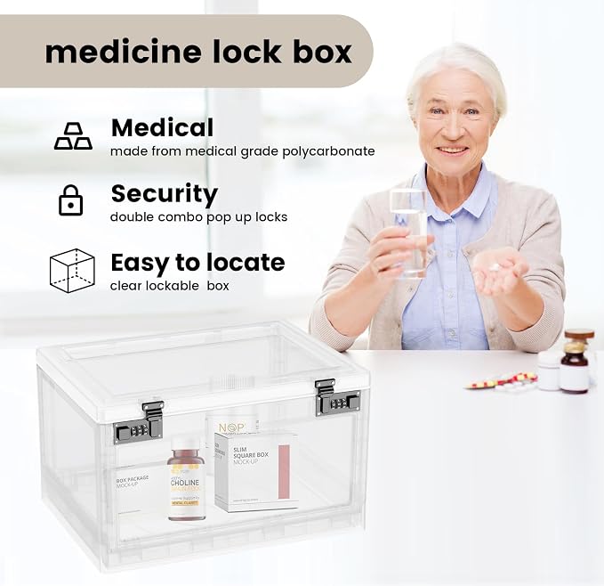 Large Medicine Lock Box for Safe Medication, 24 Litre Locked Medicine Box with Combination Code, Hygienic Lockable Storage Box for Snacks/Food/Electronic/Fridge/Personal Items Stackable Clear