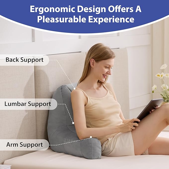 Reading Pillows for Sitting in Bed Adult, Back Pillow for Bed Sitting Up, Backrest Pillows with Shredded Foam for Adult&Teens, Support Pillow with Arms for Beds, Couch, Floor, 20in, Grey
