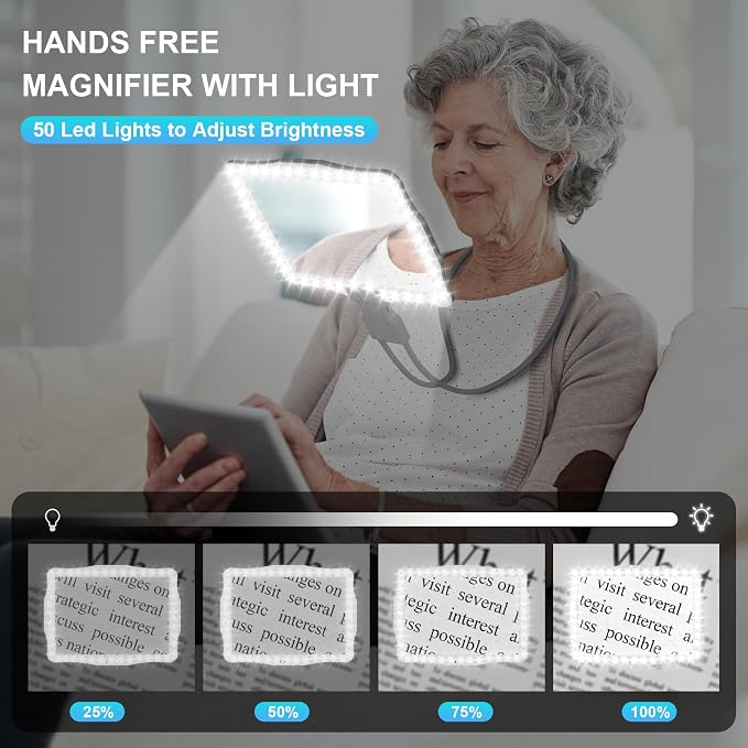 5X Neck Magnifying Glass with Light Hands Free for Reading,Seniors | Full Page View Neck-wearable Magnifying Glass Hands-Free, 50 LED Lighted Magnifier for Sewing & Crafts