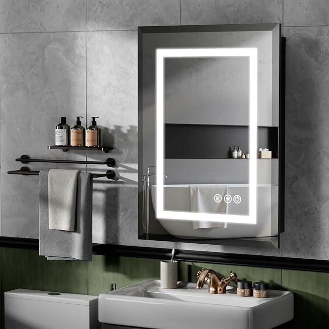 16"X24" Bathroom Medicine Cabinet with Mirror, LED Lighted Medicine Cabinet with Anti-Fog, 3 Colors Temperature Stepless Dimmable, Metal Cabinet for Storage and Mordern Decor, Black