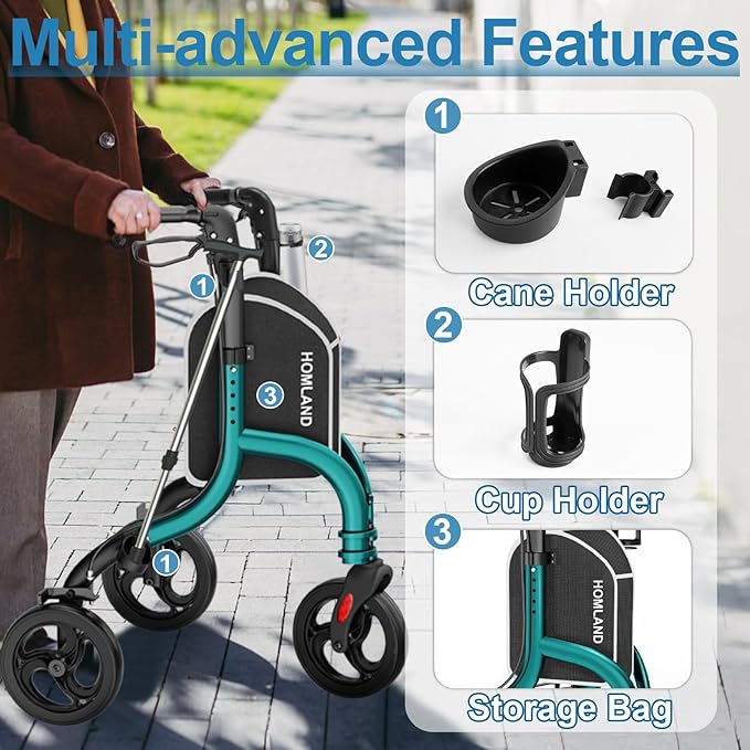 HOMLAND 3 Wheel Walkers for Seniors, Foldable Wheeled Rollator with Cane Hold and Cup Hold, Lightweight Three Wheel Rolling Walker Height Adjustable for Seniors