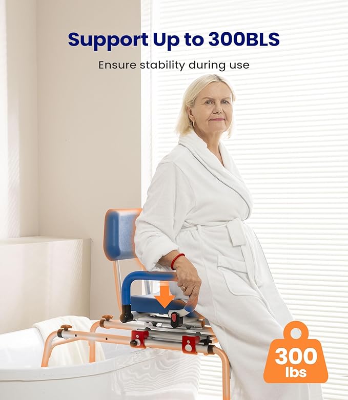 VOCIC Sliding Shower Chair with Swivel Seat, Swivel Tub Transfer Bench, Shower Bench for Elderly, Adjustable Height Bathtub Bench with Armrests & Swivel Padded Seat & Safety Belt, AX19