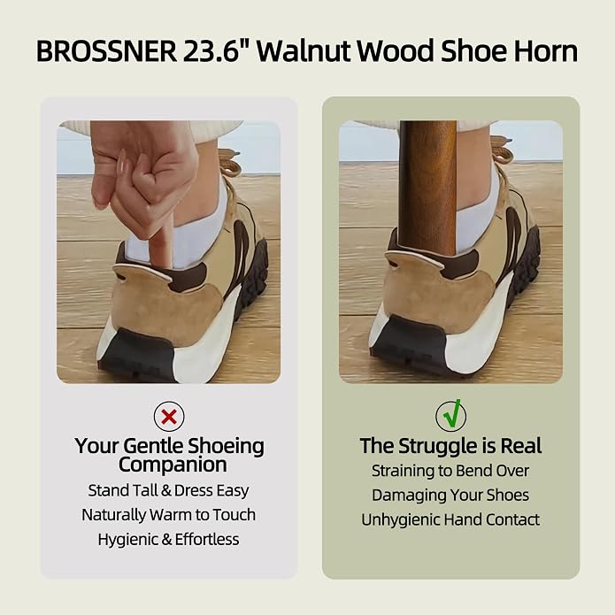 Brosisincorp Wooden Shoe Horn Long Handle for Seniors Helper | Solid Black Walnut Wood, Smooth Finish, Leather Hanging Loop Wall Mount, Reduce Bending Over, for Pregnant Women Back Pain