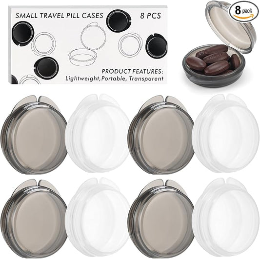 Small Pill Case,8 Pack Round Pill Storage Boxes,Portable Tiny Pill Organizer Container for Pocket Purse,Compact Medicine Caddy Dispenser for Caping, Trip, Travel - Black + White