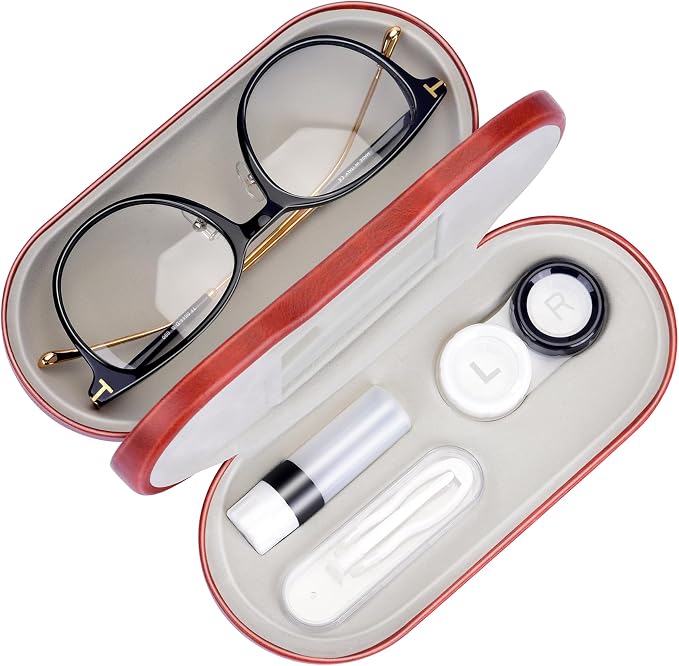 Muf 2 in 1 Contact Lens Case and Glasses Case, Double Sided Design with Mirror, Portable Travel Kit with Tweezer, Remover and Solution Bottle, Brown
