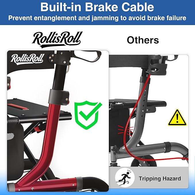Walkers for Seniors with Seat, Foldable Rollator Walker, Reinforced Aluminum Frame, 10" Big Rubber Wheels for All Terrain, Built-in Cable, Lightweight Rolling Walker, Burgundy