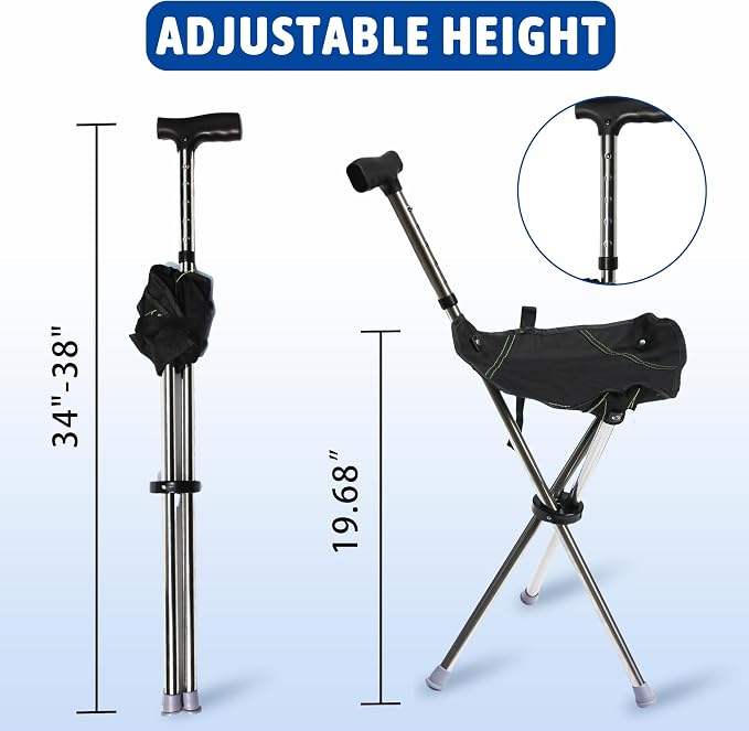 FATTCHIAR Cane with Seat, Walking Stick with Seats, Cane Chair Capacity 330lbs, Adjustable Height Folding Lightweight Portable Stool for Adults Seniors Hiking Camping