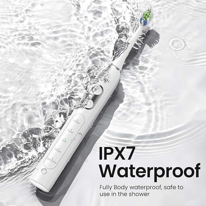 YUNCHI Electric Toothbrush Birthday/Valentine Plastic 8 Dupont Heads 24-Mo Deep Cleans Gentle Gums Removes Stains 3Hr USB-C 90d 2-Min Timer/30s IPX7 - White