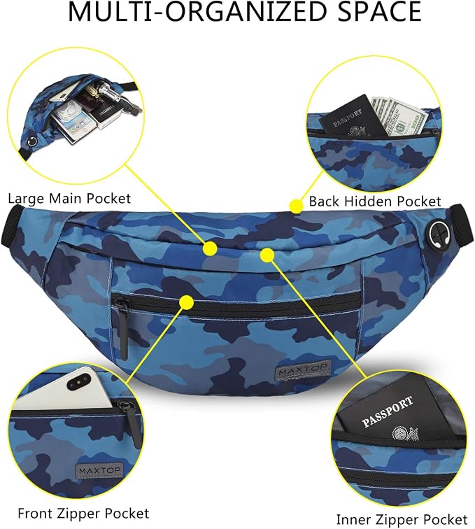 MAXTOP Camo Blue Fanny Pack for Men Cross Body Bag Carrying All Phones | 4-Zipper Pockets,Polyester,Adjustable Straps,Headphone Jack,Ideal Gift for Outdoor Hiking Running