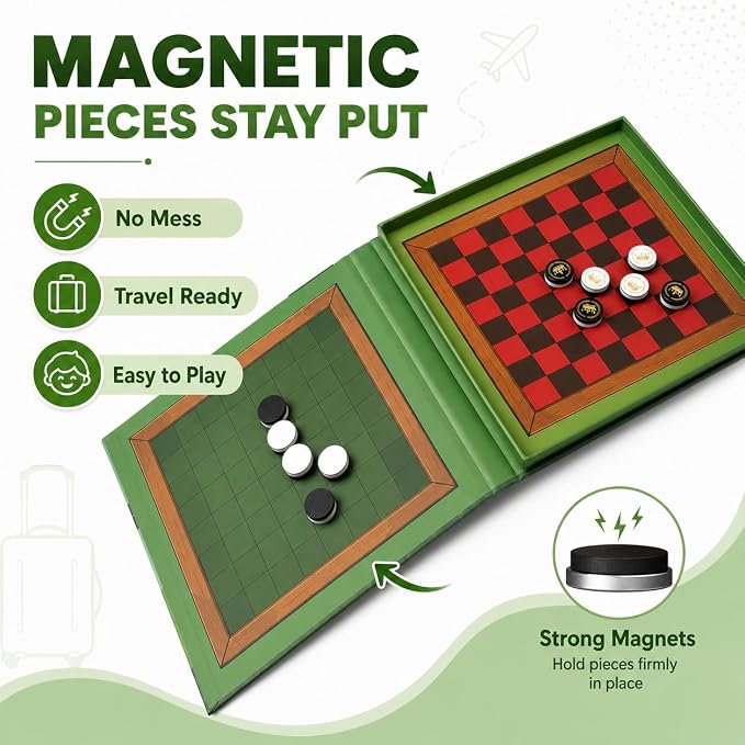 2-in-1 Checkers & Reversi Board Game | Magnetic Travel Games for Kids 8-12 | Plane Activities for Kids Ages 8-12 | Foldable Magnetic Checkers & Travel Activities