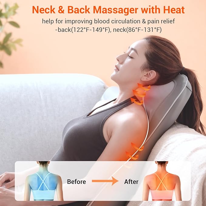 Mynt Shiatsu Neck and Back Massager with Heat, 3D Kneading Full Back Massager for Pain Relief Deep Tissue, Foldable Adjustable Chair Massager for Home Office, Christmas Gift for Dad Mom, Gray