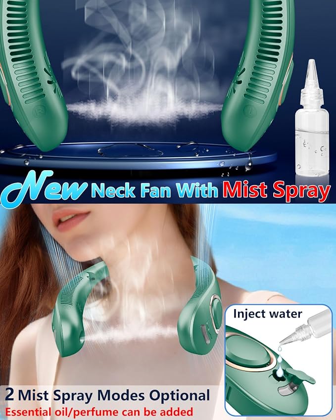 Misting Neck Fan that Blows Cold Air, USB-C Recargable 4-9H Long Life, 360° Airflow Lightweight without Blades, Mini Personal LED Cooling Device for Kid Adults Outdoor Travelling Office Home, Green