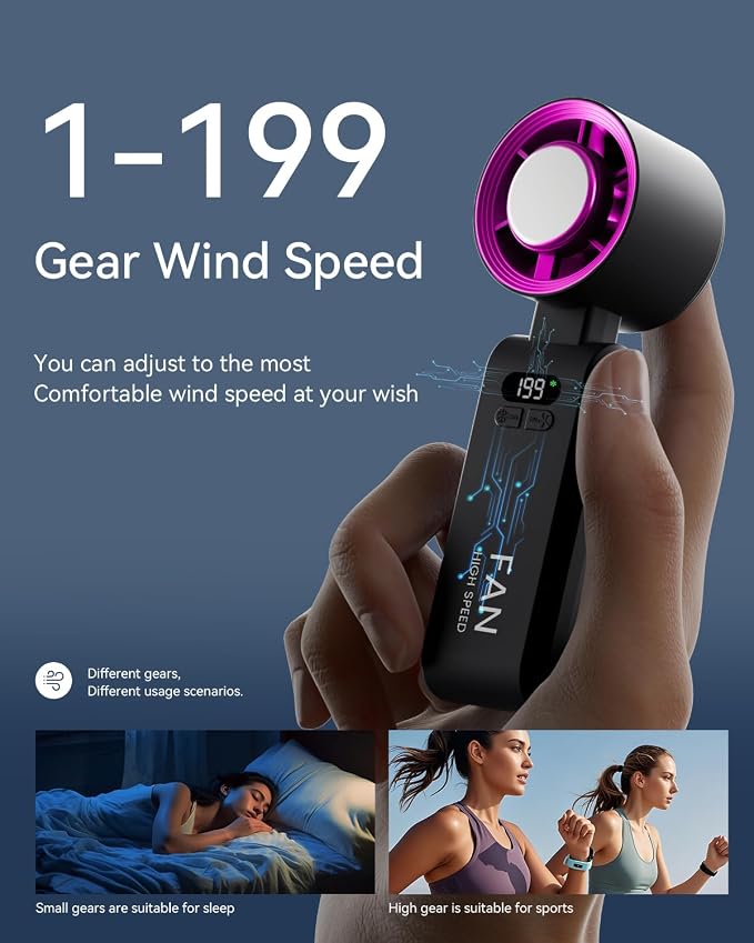 Handheld Portable Turbo Fan with Ice Cooler, Speed (1-199) 5500mAh Rechargeable Personal Fan,[20H Cooling Time] Mini Yet Powerful [20000 RPM] Pocket Fans for Travel/Outdoor/Home/Office, Black HotPink