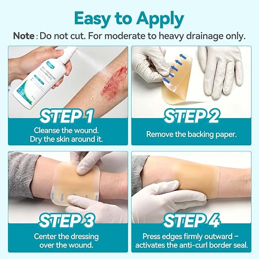 Dimora 4" x 4" Hydrocolloid Dressing Tapered Edges for Wound Care, 10 Pcs Large Hydrocolloid Bandages for Burn, Blister, First Aid Kit Essential Wound Dressing