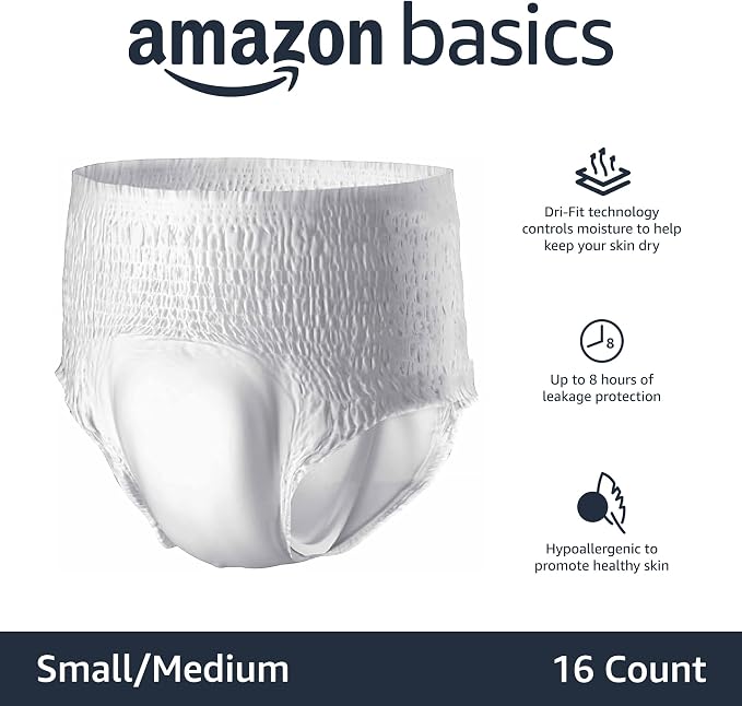 Amazon Basics Unisex Protective Underwear, Overnight Absorbency, Small/Medium, 16 Count (Pack of 2)