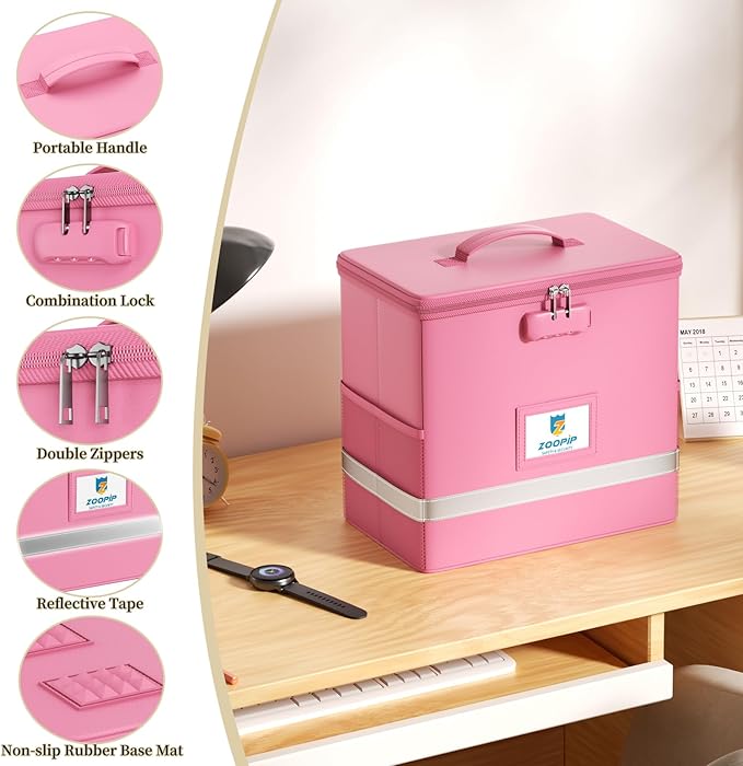 Fireproof File Box with Lock, Collapsible Document Organizer, Pink | Suitable for Hanging Folders in Letter Size, Reflective Strip for Fast Find, Home Office Safe Protection,12.2"x6"x10.2"