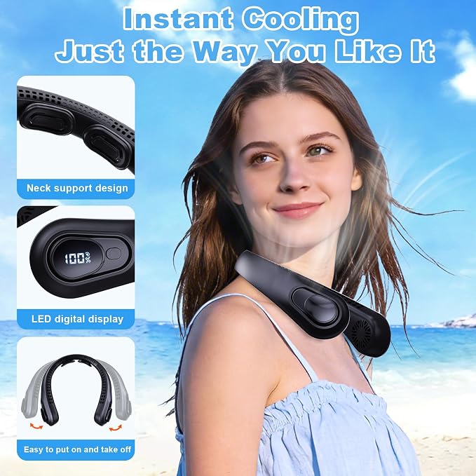 Portable Neck Fan Rechargeable - [with LED Display] 5 Speeds, 5000 mAh Battery Operated Wearable Personal Cooling Bladeless Fan for Outdoor Travel, Gifts for Men Women Kids,Black