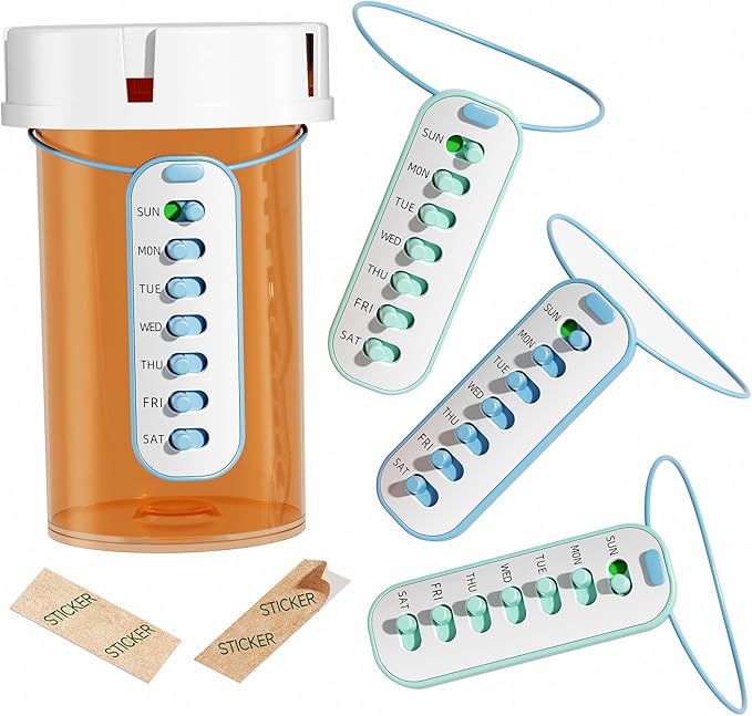 Betife 4-Pack Pill Reminder Tracker - Elastic Lanyard & 3M Stickers, Reusable Medication Reminder for Most Pill Bottles, Daily Habit Tracker for Seniors & Busy Adults