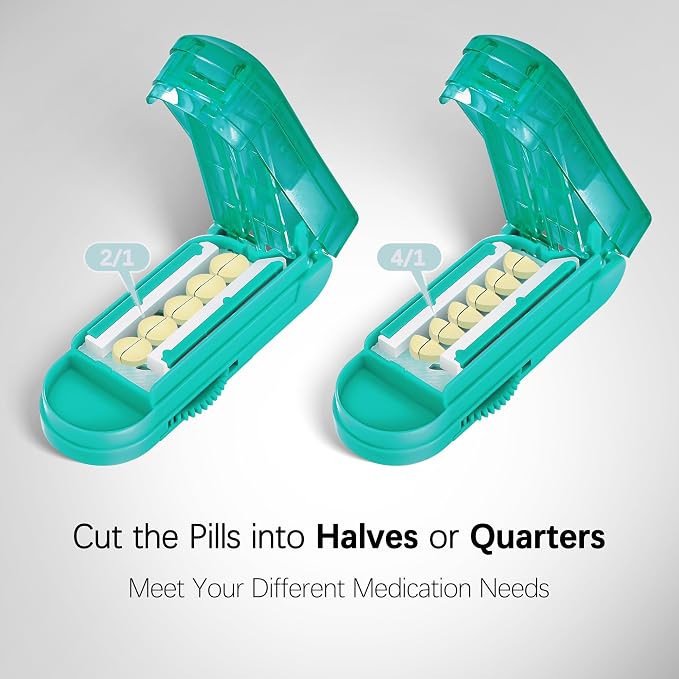 Pill Cutter Splitter for Small and Tiny Pills, Pill Cutter for Multiple Pills at a Time with Centering Device and Stainless Steel Blade (Cyan)