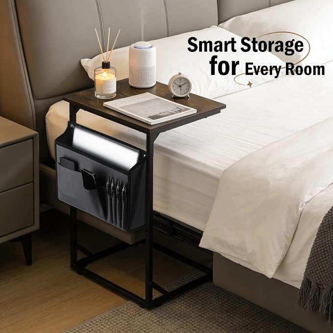 C Shaped End Table for Couch, Small Side Table for Living Room & Bedroom, Slide Under Sofa Table for Laptop, Coffee, Snacks, Easy Assembly, Modern Design
