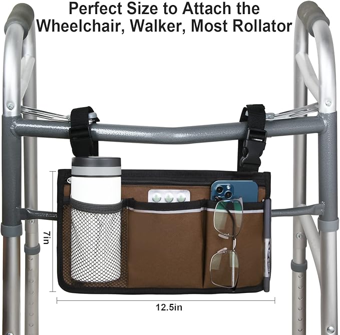 Wheelchair Side Bag, Armrest Storage Pouch with Cup Holder and Reflective Strip Use of Waterproof Fabric, for Most Wheelchairs, Walkers or Rollators (Coffee)