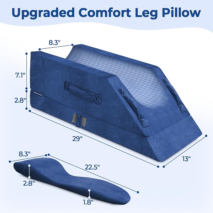 KingPavonini 4-Height Adjustable Leg Elevation Pillows for After Surgery with Ergonomic Curve, Memory Foam Wedge Pillow for Legs Swelling, Blood Circulation and Pain Relief, Blue (Single Leg)
