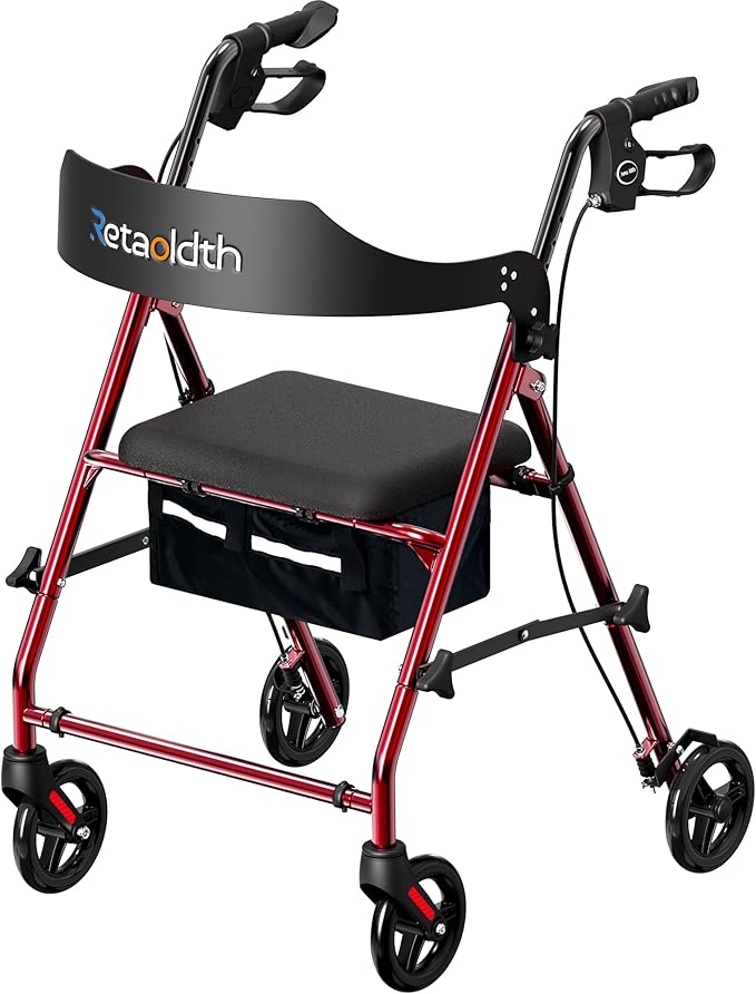 Foldable Rollator Walker with Seat for Seniors, All-Terrain Wheels, 350lb Capacity, Reinforced Inner Metal Rod for Easy Folding & One-Hand Carry, Lightweight Rolling Walker - Red
