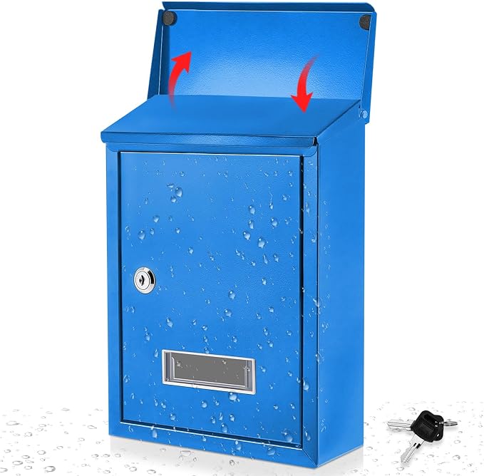 Amylove Weatherproof Mail Boxes with Key Lock, Security Locking Wall Mount Metal Mailbox with Slot for Outside, Large Capacity for Mail, Packages, Donations, Voting 11.8" H x 8.3" L x 2.8" W, Blue