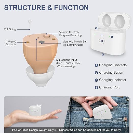 Rechargeable Hearing Aids with 3 Noise Cancelling Program Selection and Button Volume Control,Earrck 12-Channel (CIC) Digital Hearing Amplifier for Seniors with Mild to Moderate Hearing Loss (Beige)