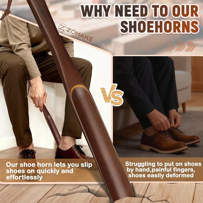 ZOMAKE Wooden Shoe Horn Long Handle for Seniors Men Women 16.5"/16.9" | Wood Long Shoehorn Boot Horn, Shoe Spoon Helper, Shoes Protection, No Bend Over, Easy Shoe Wear for Home Use