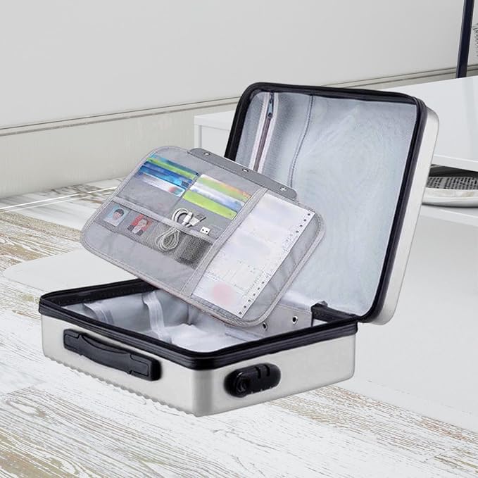Fireproof Document Box Secure Storage Hard Shell Container Organizer Bag for Professionals Certificates, Silver